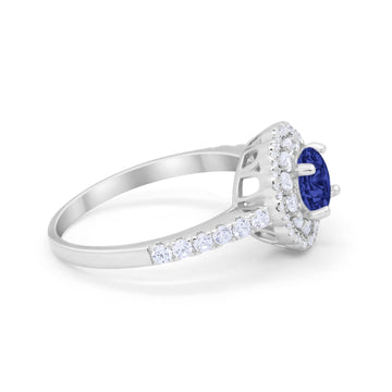 Art Deco Halo Wedding Ring Simulated Blue Sapphire CZ Accent 925 Sterling Silver
